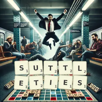 Creative illustration for a Scrabble game with the word SUTTLETIES spelled out in tiles on the board.