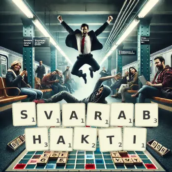 Creative illustration for a Scrabble game with the word SVARABHAKTI spelled out in tiles on the board.