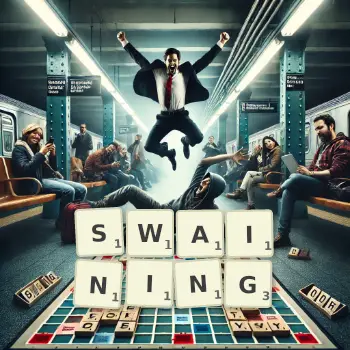 Creative illustration for a Scrabble game with the word SWAINING spelled out in tiles on the board.