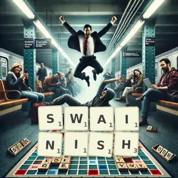 Creative illustration for a Scrabble game with the word SWAINISH spelled out in tiles on the board.