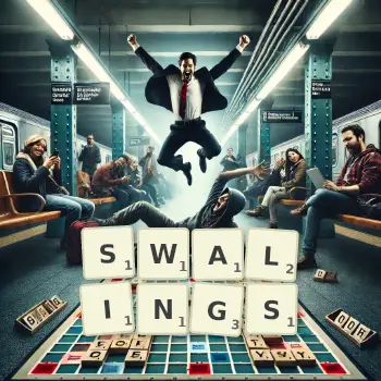 Creative illustration for a Scrabble game with the word SWALINGS spelled out in tiles on the board.