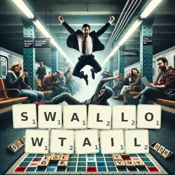 Creative illustration for a Scrabble game with the word SWALLOWTAIL spelled out in tiles on the board.