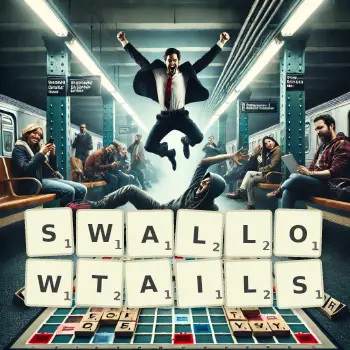 Creative illustration for a Scrabble game with the word SWALLOWTAILS spelled out in tiles on the board.