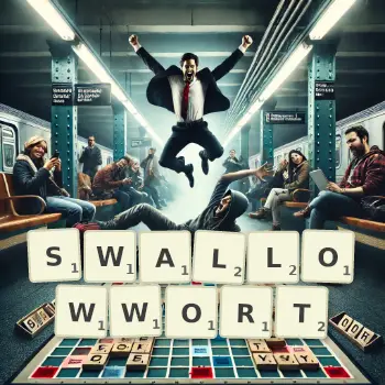 Creative illustration for a Scrabble game with the word SWALLOWWORT spelled out in tiles on the board.