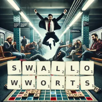 Creative illustration for a Scrabble game with the word SWALLOWWORTS spelled out in tiles on the board.