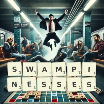 Creative illustration for a Scrabble game with the word SWAMPINESSES spelled out in tiles on the board.