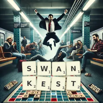 Creative illustration for a Scrabble game with the word SWANKEST spelled out in tiles on the board.