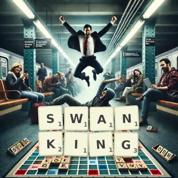 Creative illustration for a Scrabble game with the word SWANKING spelled out in tiles on the board.