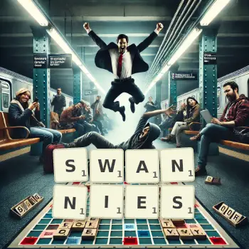 Creative illustration for a Scrabble game with the word SWANNIES spelled out in tiles on the board.