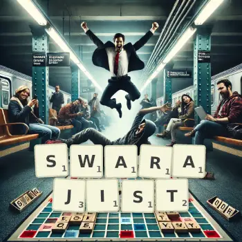 Creative illustration for a Scrabble game with the word SWARAJIST spelled out in tiles on the board.