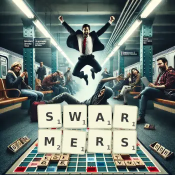 Creative illustration for a Scrabble game with the word SWARMERS spelled out in tiles on the board.