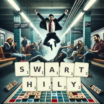 Creative illustration for a Scrabble game with the word SWARTHILY spelled out in tiles on the board.