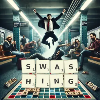 Creative illustration for a Scrabble game with the word SWASHING spelled out in tiles on the board.
