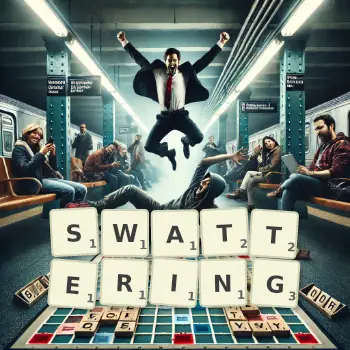 Creative illustration for a Scrabble game with the word SWATTERING spelled out in tiles on the board.