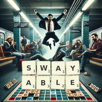 Creative illustration for a Scrabble game with the word SWAYABLE spelled out in tiles on the board.