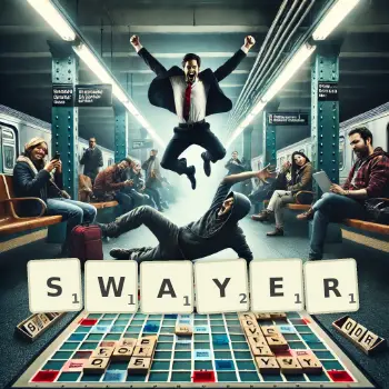 Creative illustration for a Scrabble game with the word SWAYER spelled out in tiles on the board.