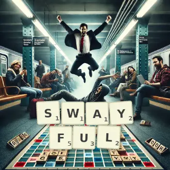 Creative illustration for a Scrabble game with the word SWAYFUL spelled out in tiles on the board.