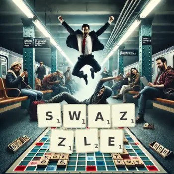 Creative illustration for a Scrabble game with the word SWAZZLE spelled out in tiles on the board.