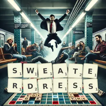 Creative illustration for a Scrabble game with the word SWEATERDRESS spelled out in tiles on the board.