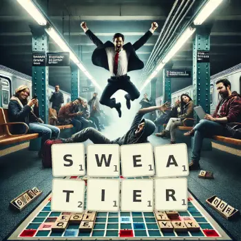 Creative illustration for a Scrabble game with the word SWEATIER spelled out in tiles on the board.