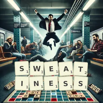 Creative illustration for a Scrabble game with the word SWEATINESS spelled out in tiles on the board.