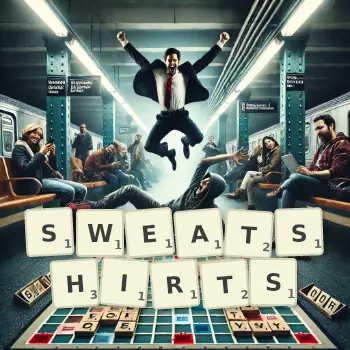 Creative illustration for a Scrabble game with the word SWEATSHIRTS spelled out in tiles on the board.