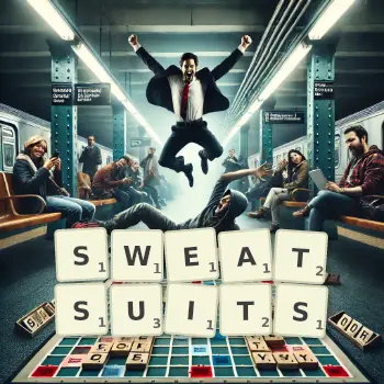 Creative illustration for a Scrabble game with the word SWEATSUITS spelled out in tiles on the board.