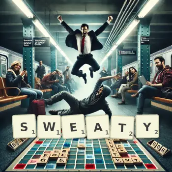 Creative illustration for a Scrabble game with the word SWEATY spelled out in tiles on the board.