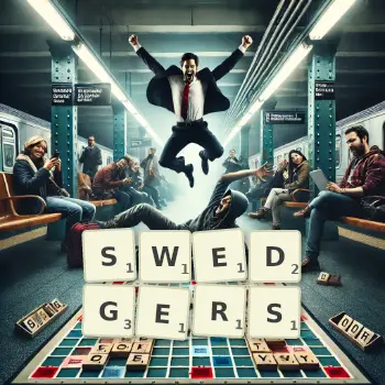 Creative illustration for a Scrabble game with the word SWEDGERS spelled out in tiles on the board.