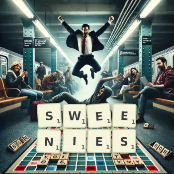 Creative illustration for a Scrabble game with the word SWEENIES spelled out in tiles on the board.