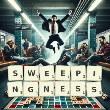 Creative illustration for a Scrabble game with the word SWEEPINGNESS spelled out in tiles on the board.
