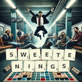 Creative illustration for a Scrabble game with the word SWEETENINGS spelled out in tiles on the board.