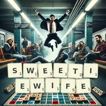 Creative illustration for a Scrabble game with the word SWEETIEWIFE spelled out in tiles on the board.