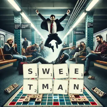 Creative illustration for a Scrabble game with the word SWEETMAN spelled out in tiles on the board.