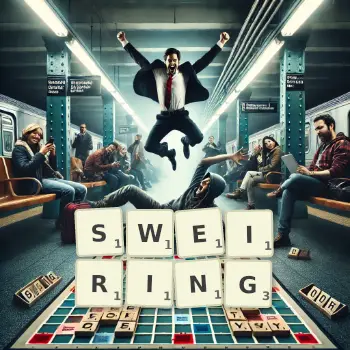 Creative illustration for a Scrabble game with the word SWEIRING spelled out in tiles on the board.