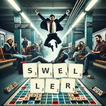 Creative illustration for a Scrabble game with the word SWELLER spelled out in tiles on the board.