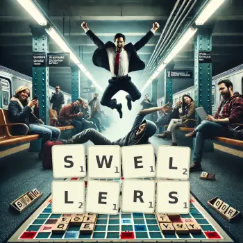 Creative illustration for a Scrabble game with the word SWELLERS spelled out in tiles on the board.