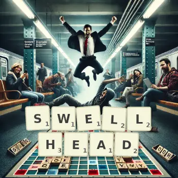 Creative illustration for a Scrabble game with the word SWELLHEAD spelled out in tiles on the board.