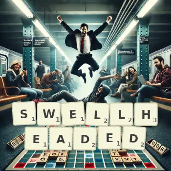 Creative illustration for a Scrabble game with the word SWELLHEADED spelled out in tiles on the board.