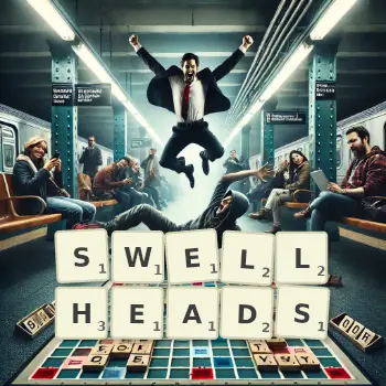 Creative illustration for a Scrabble game with the word SWELLHEADS spelled out in tiles on the board.