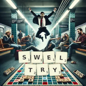 Creative illustration for a Scrabble game with the word SWELTRY spelled out in tiles on the board.
