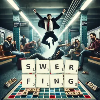 Creative illustration for a Scrabble game with the word SWERFING spelled out in tiles on the board.