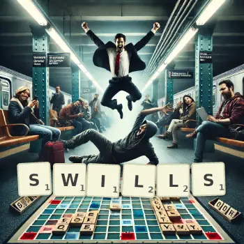 Creative illustration for a Scrabble game with the word SWILLS spelled out in tiles on the board.