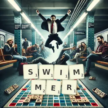 Creative illustration for a Scrabble game with the word SWIMMER spelled out in tiles on the board.