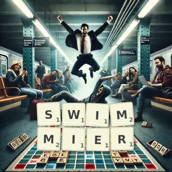 Creative illustration for a Scrabble game with the word SWIMMIER spelled out in tiles on the board.