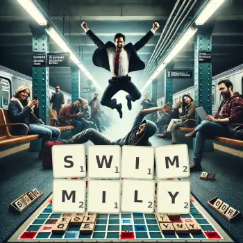 Creative illustration for a Scrabble game with the word SWIMMILY spelled out in tiles on the board.