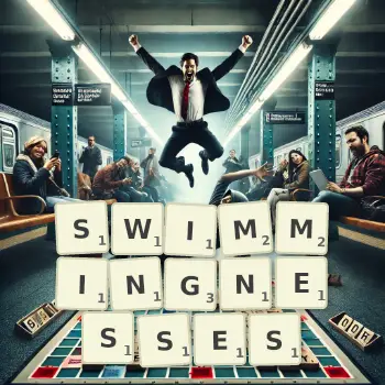 Creative illustration for a Scrabble game with the word SWIMMINGNESSES spelled out in tiles on the board.