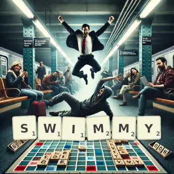 Creative illustration for a Scrabble game with the word SWIMMY spelled out in tiles on the board.