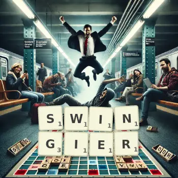 Creative illustration for a Scrabble game with the word SWINGIER spelled out in tiles on the board.