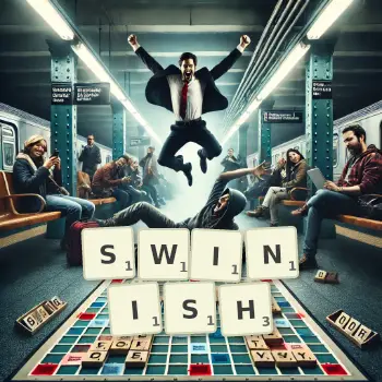 Creative illustration for a Scrabble game with the word SWINISH spelled out in tiles on the board.